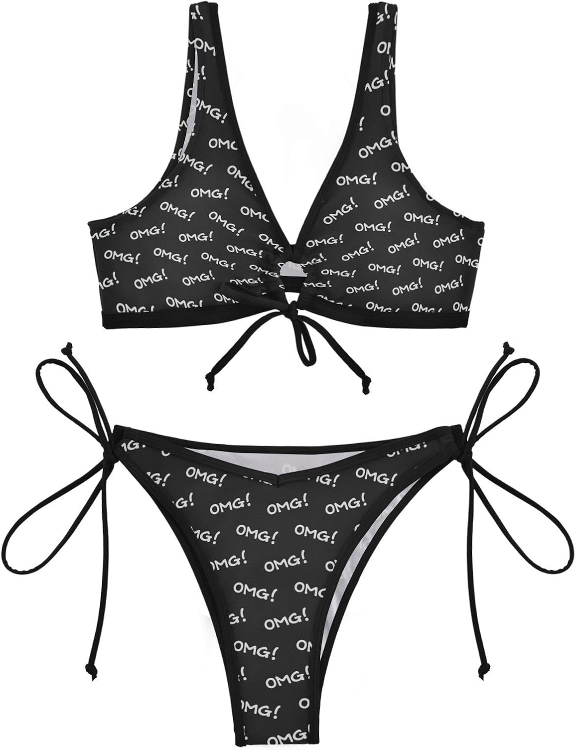 OMG! Lettering Women's 2 Piece Bikini Set Front Cross Lace Up Swimsuit