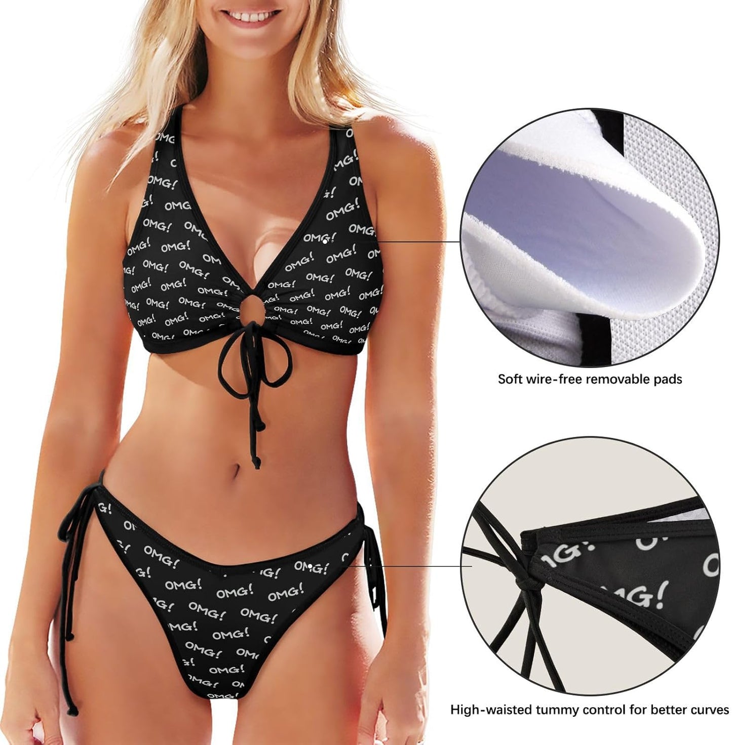 OMG! Lettering Women's 2 Piece Bikini Set Front Cross Lace Up Swimsuit