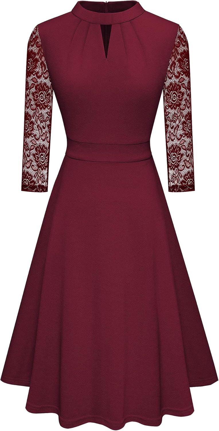 Elegant Hollow Out Lace Sleeves Swing Pleated Party Cocktail Dress for Women.