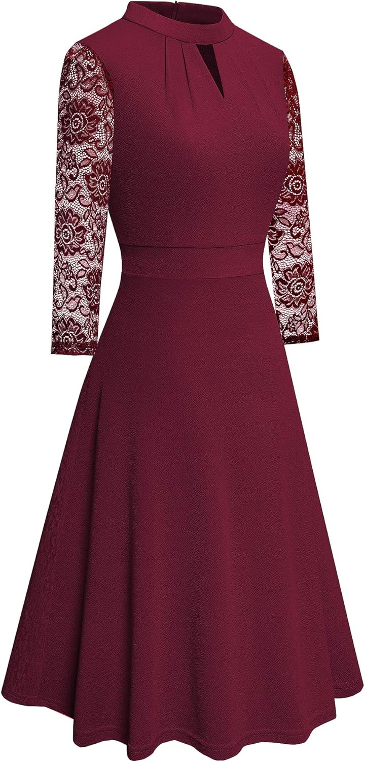 Elegant Hollow Out Lace Sleeves Swing Pleated Party Cocktail Dress for Women.