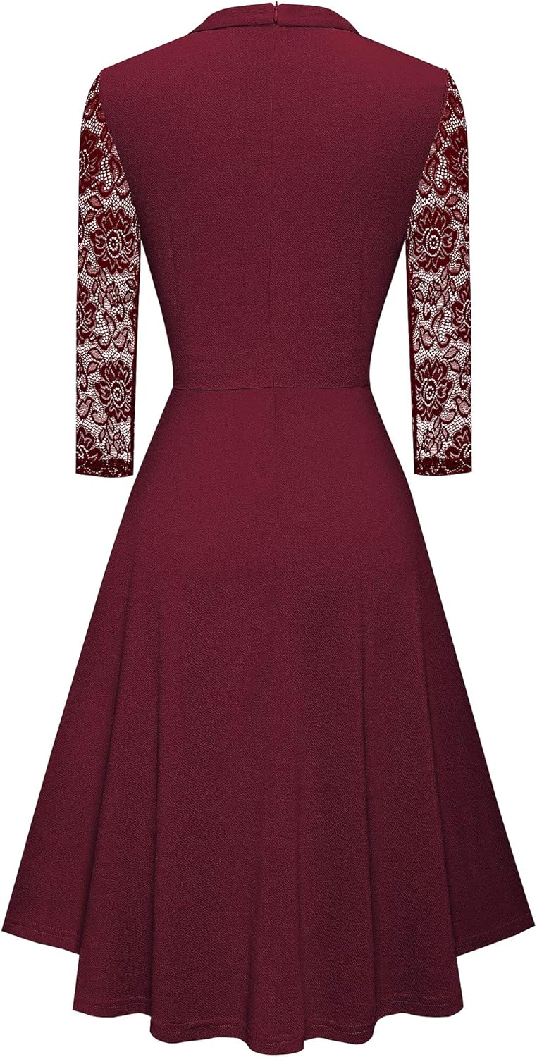 Elegant Hollow Out Lace Sleeves Swing Pleated Party Cocktail Dress for Women.