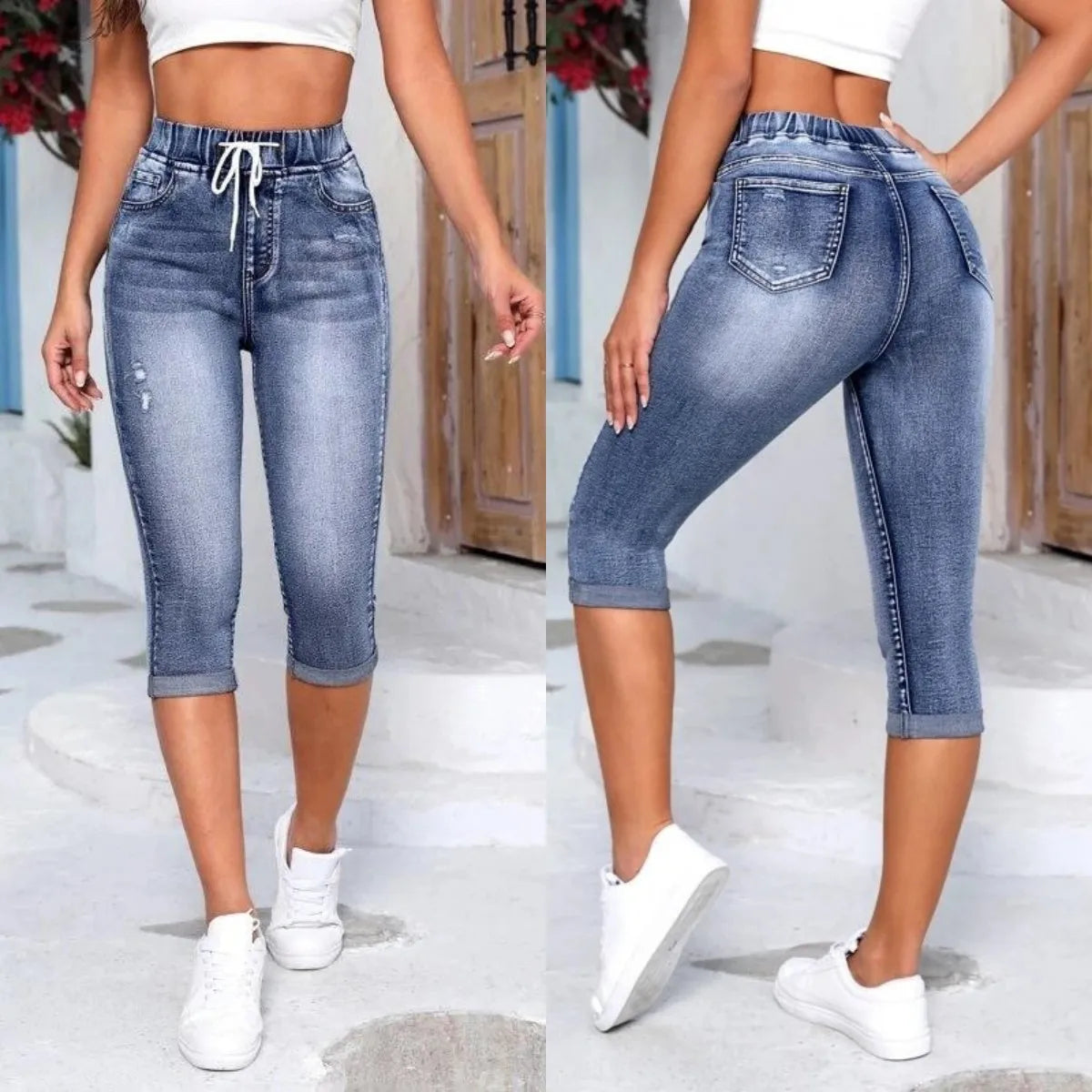 New High Waist Ripped Calf-Length Jeans For Women Fashion High Stretch Elastic Waist Denim Pencil Pants Casual Skinny Jeans