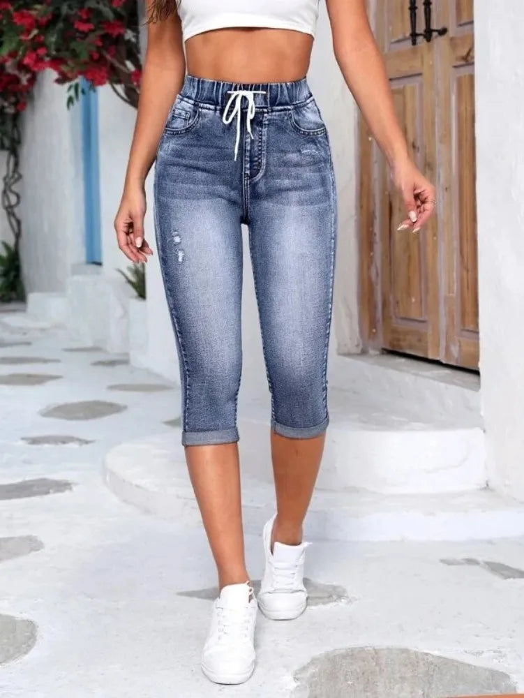 New High Waist Ripped Calf-Length Jeans For Women Fashion High Stretch Elastic Waist Denim Pencil Pants Casual Skinny Jeans