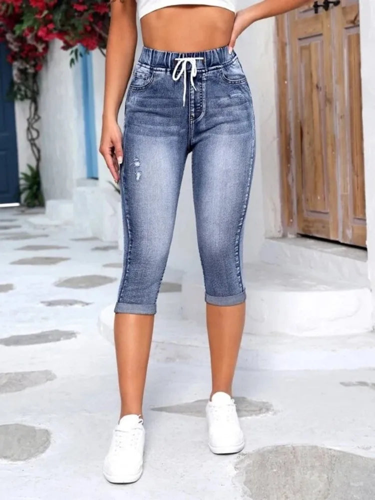 New High Waist Ripped Calf-Length Jeans For Women Fashion High Stretch Elastic Waist Denim Pencil Pants Casual Skinny Jeans