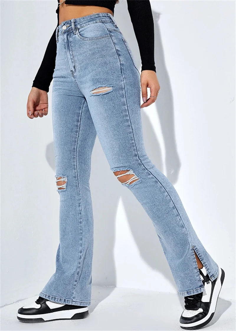 New Jeans With High Waist Ripped Leg And Slim Fit Stretch Denim Casual Pants With Straight Legs