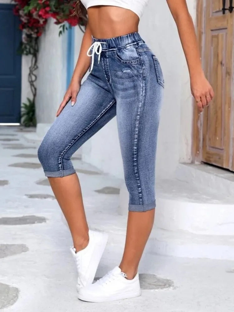 New High Waist Ripped Calf-Length Jeans For Women Fashion High Stretch Elastic Waist Denim Pencil Pants Casual Skinny Jeans