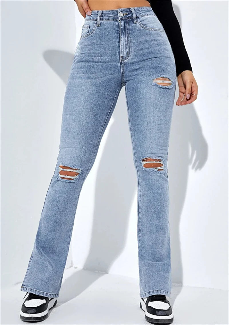 New Jeans With High Waist Ripped Leg And Slim Fit Stretch Denim Casual Pants With Straight Legs