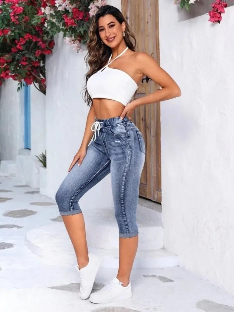 New High Waist Ripped Calf-Length Jeans For Women Fashion High Stretch Elastic Waist Denim Pencil Pants Casual Skinny Jeans