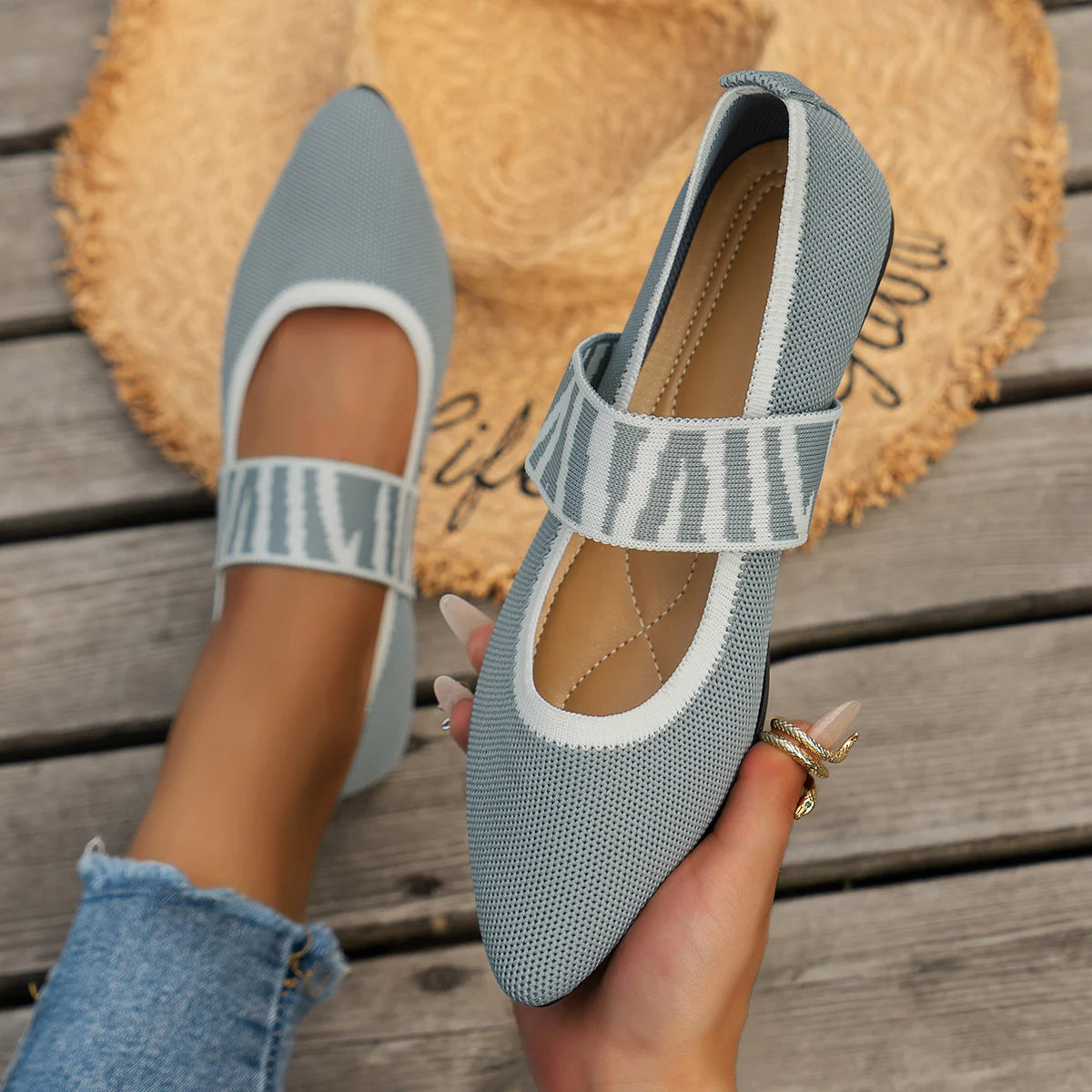 Women's Color Block Knitted Flat Shoes Chic Ballerinas Casual Striped Straps Pointed Women