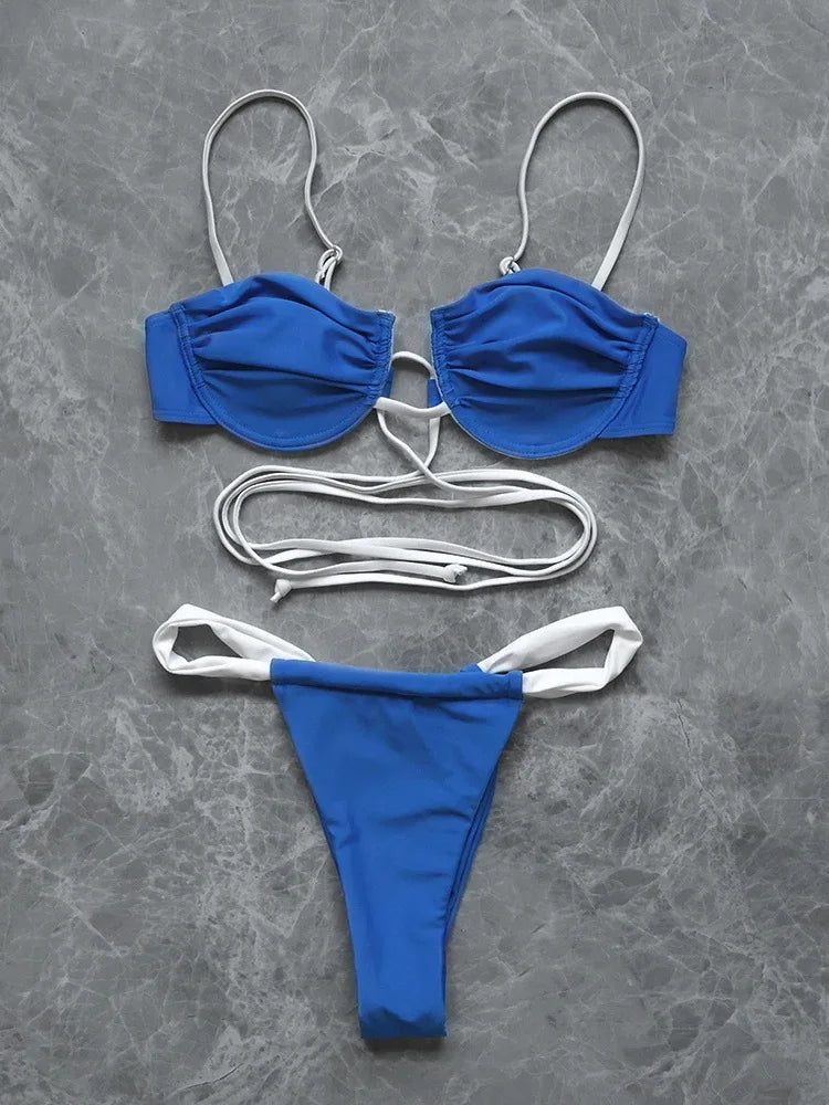 New Sexy Low Waisted Bikini Sets Swimsuit Solid Thong Strappy Push up Beachwear Bathing Suits Swimwear Women