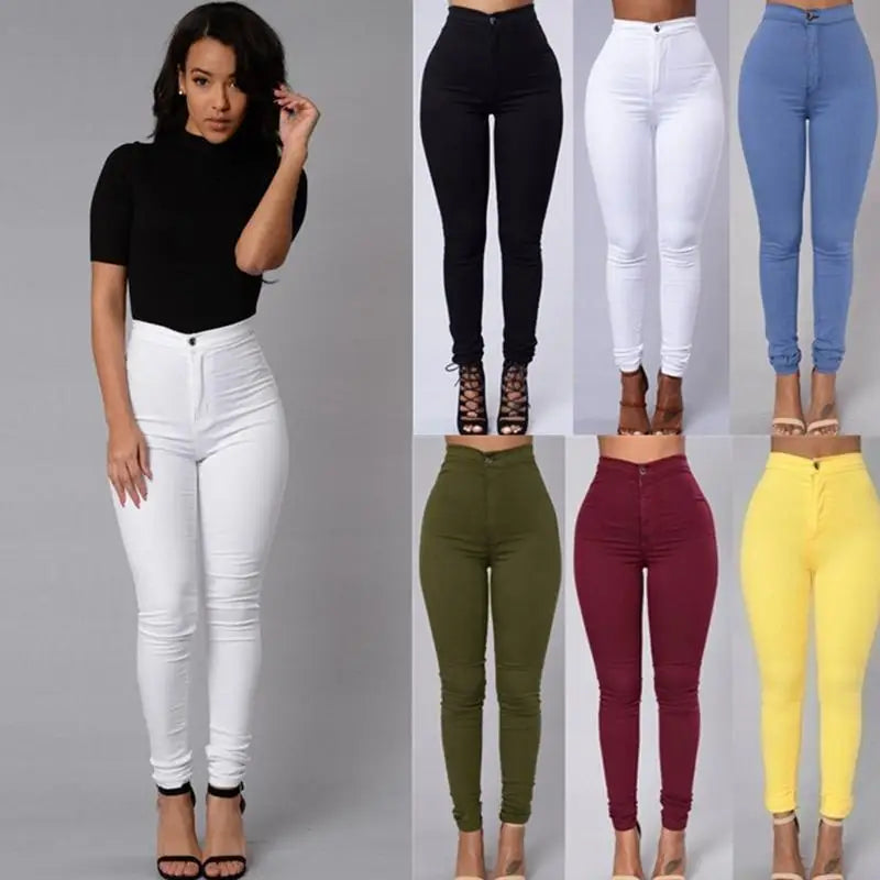 Women Denim Skinny Jeggings Pants High Waist Stretch Jeans Pure Color Slim Pencil Pants