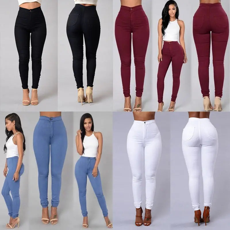 Women Denim Skinny Jeggings Pants High Waist Stretch Jeans Pure Color Slim Pencil Pants