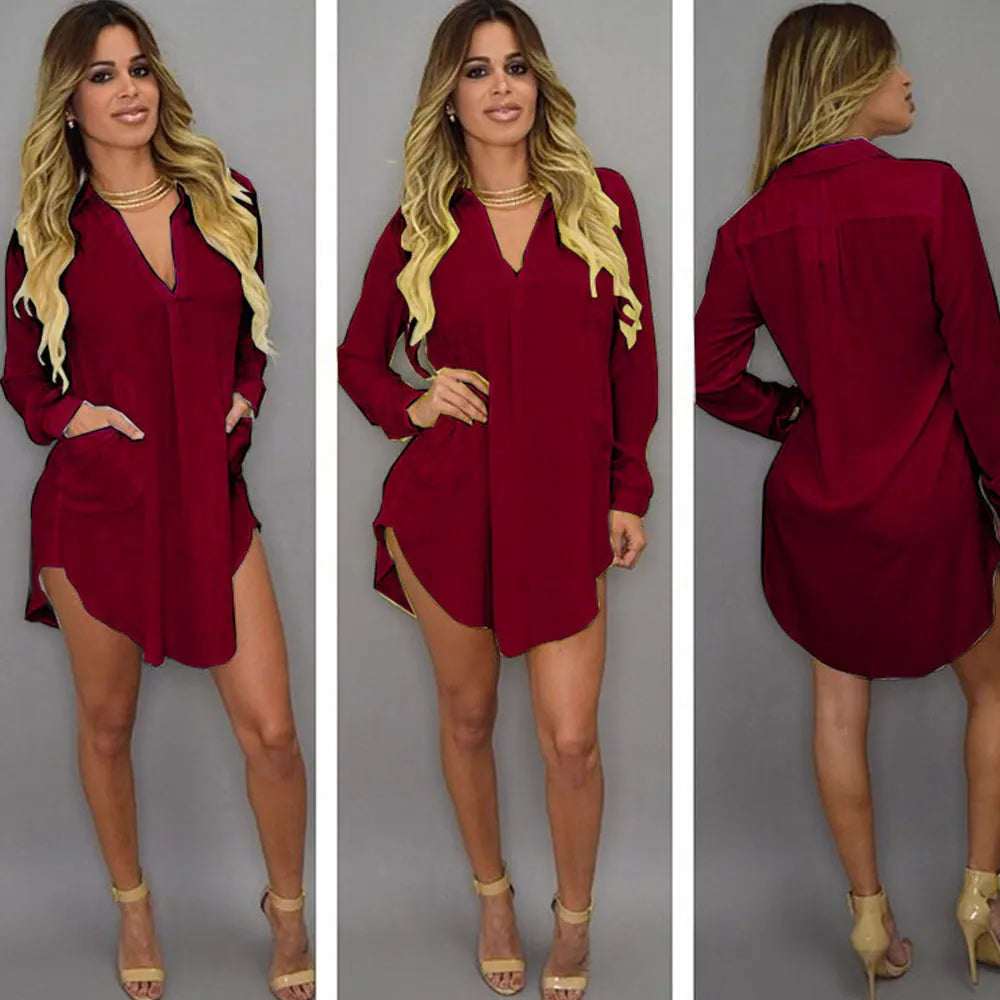 Jocoo Jolee Women Fashion V Neck Irregular Chiffon Shirt Dress Casual Solid Long Tops Spring Long Sleeve Loose Blouse Oversized