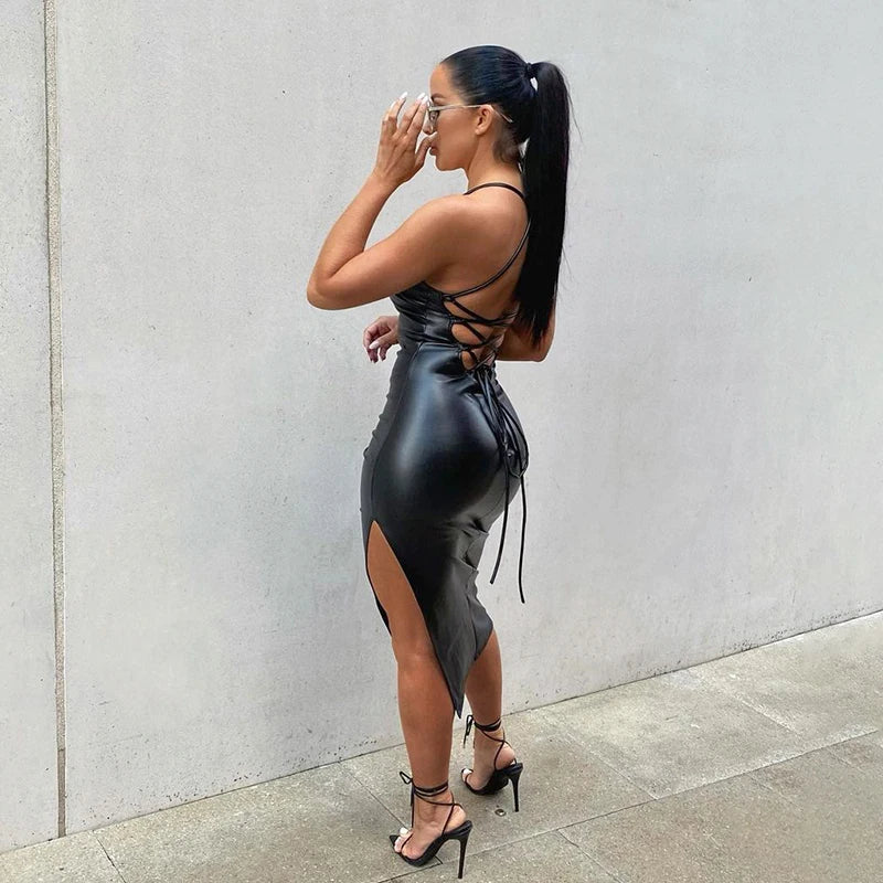 Women Sexy Suspender Mid-length Bodycon Dress Fashion Solid Color Leather Bandage Backless Skinny Split Dress For Female