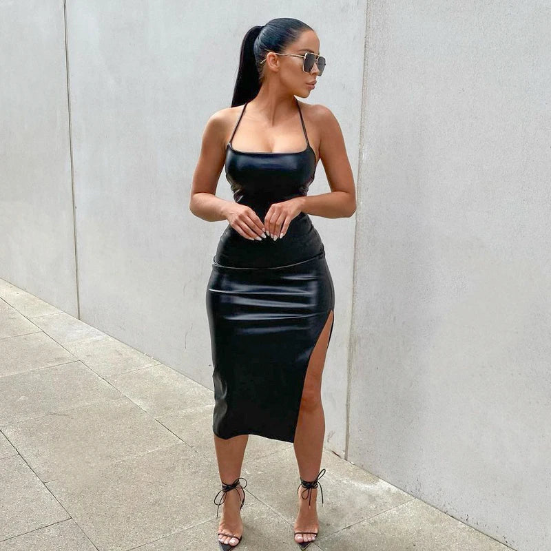 Women Sexy Suspender Mid-length Bodycon Dress Fashion Solid Color Leather Bandage Backless Skinny Split Dress For Female