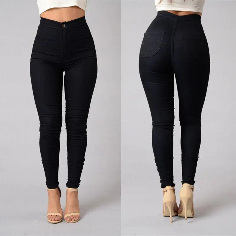 Women Denim Skinny Jeggings Pants High Waist Stretch Jeans Pure Color Slim Pencil Pants