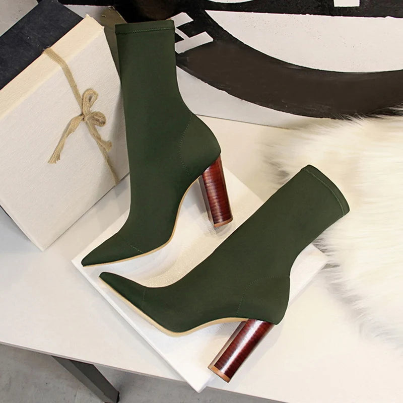 Women Ankle Boots Square High Heels Pumps Fall Fashion Comfort Stretch Fabric Sock Boot Femme Party Dress Shoes