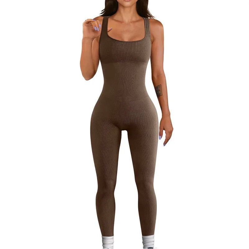 Women Workout Seamless Jumpsuit Yoga Ribbed Bodycon One Piece Square Neck Leggings Romper