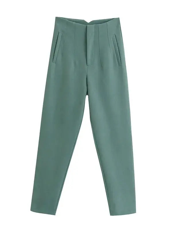 Women Light Blue Chic Fashion Office Wear Straight Pants Vintage High Waist Zipper Fly Female Trousers Fashion 2025 Pants
