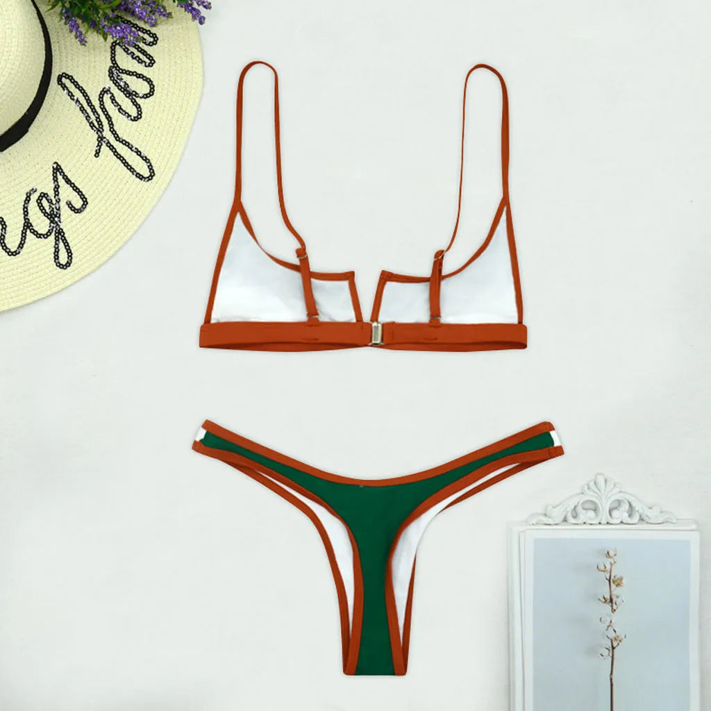 V-neck Color Blocking Print Bathing Suit Woman Sexy Micro Bikinis Sets 2024 Summer Push Up Swimsuit Women 2 Piece Set