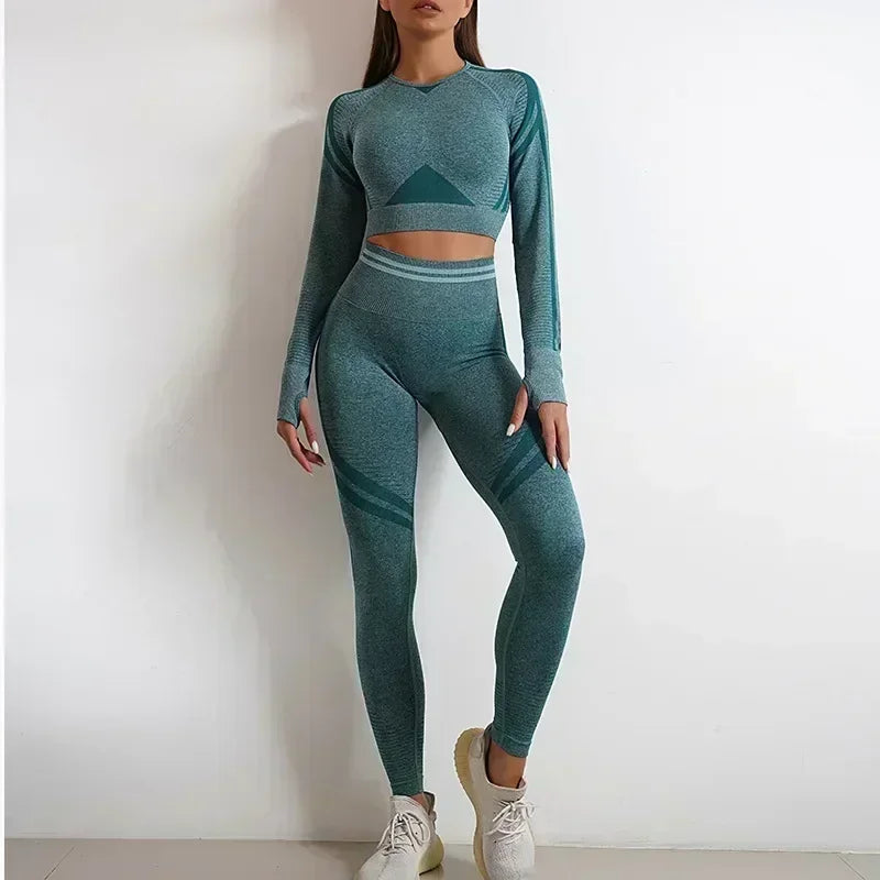 Seamless Yoga Sets Sports Fitness High Waist Hip Raise Pants Long-Sleeved Backless Suit Workout Clothes Gym Shorts Set for Women