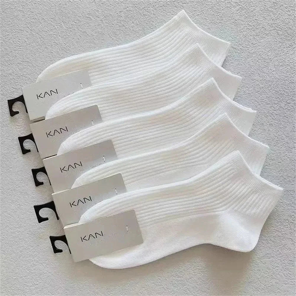 5 Pairs/Pack Ankle Socks Women 100% Cotton Invisible Sweat-absorbing Girls Low Tube Boat Socks EU 36-42 white socks