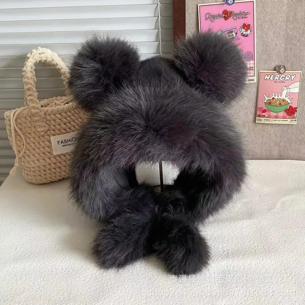 Women Cute Bear Ear Kawaii Fox Fur Hat Imitation Mink Plush Winter Warm Thickened