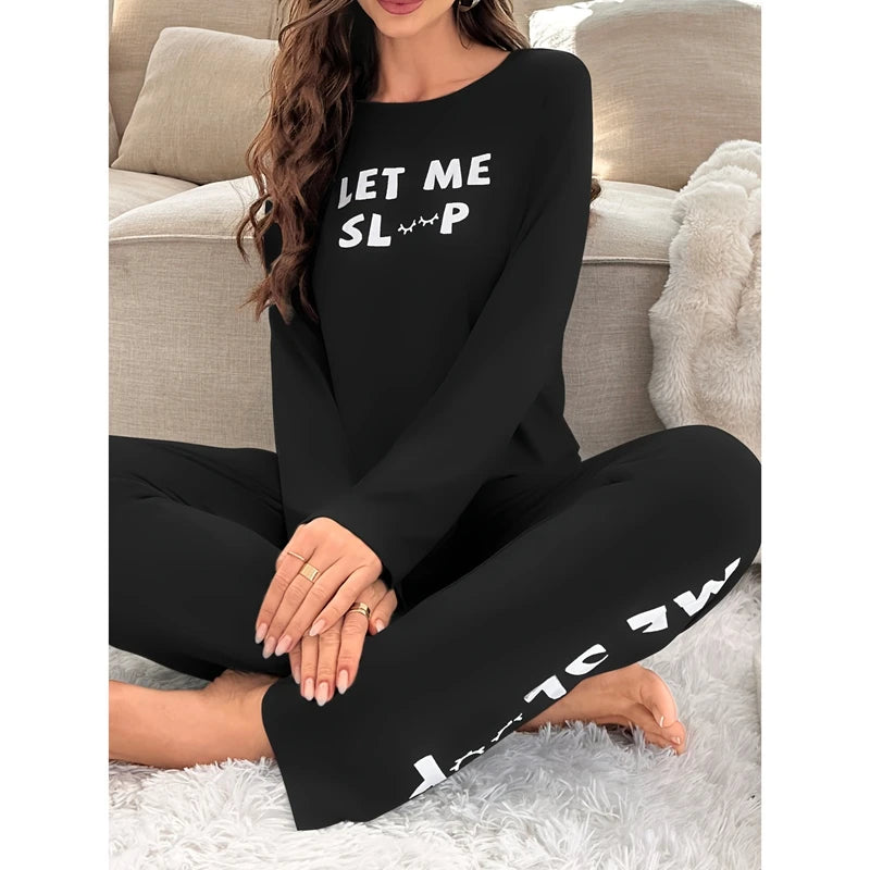 Letter Print Pajamas for Women Autumn Winter Long Sleeve Long Pants Pajamas Ladies Milk Silk Pajamas Sporty Sleepwear for Girls