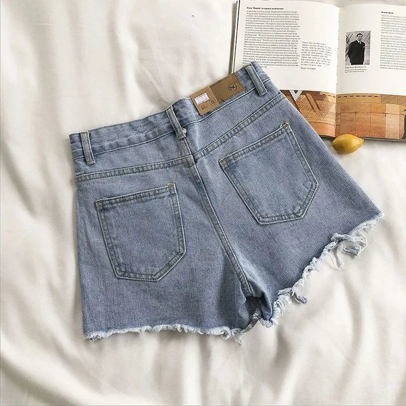 Women Summer Fashion Casual High Waist Ripped Jeans Pocket Tassel Y2K Hot Pants Streetwear Blue Trousers