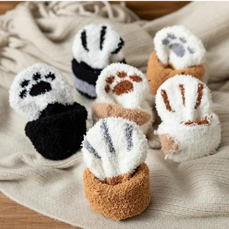 3 Pairs Womens Cats Paw Stripe 3d Socks Kawaii Fun Thick Girls Cartoon Animal Fingers Sock Hosiery Toe Zebra/Tiger/Cat Foot Sox