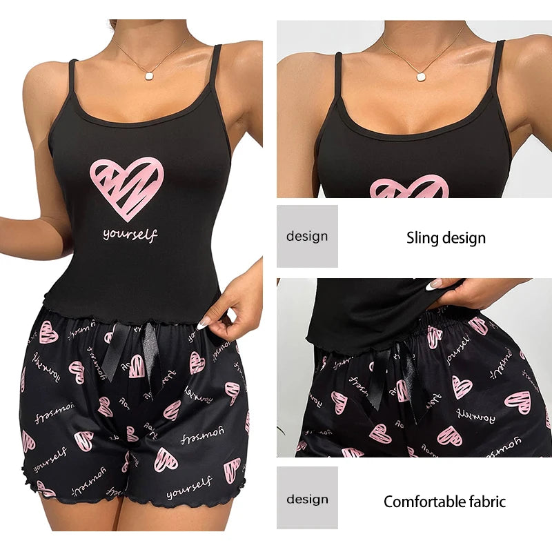 Summer Women's Milk Silk Sleeveless Camisole Shorts Pajama Set with Heart Print Casual Sleepwear Two-Piece Set