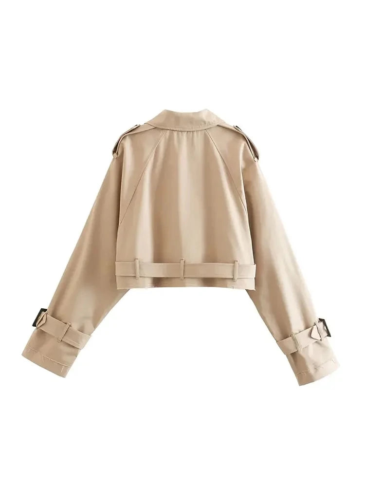 Belt Cropped Trench Spring Jacket Women Vintage Streetwear Double Breasted Long Sleeve Top Female Coat Outfits