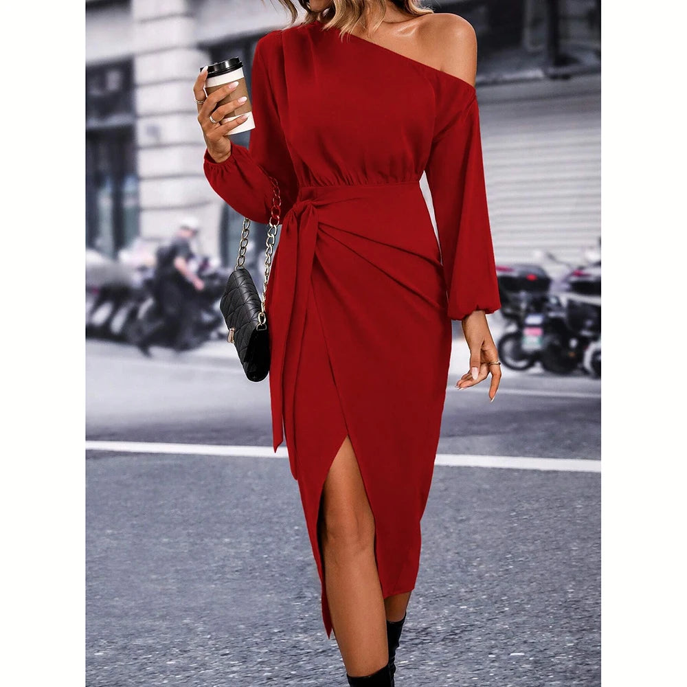 Women's Dresses All Season Elegant Plain Fold Asymmetrical Design Long Sleeve One-Shoulder MIDI Fashion Dresses