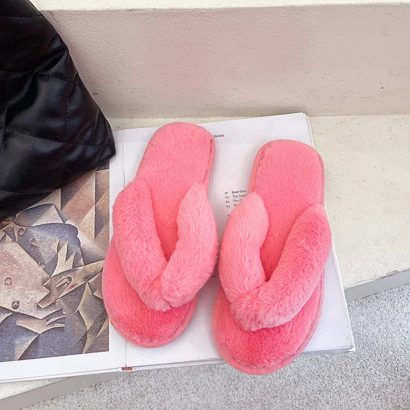 Winter Women House Slippers Faux Fur Warm Flat Shoes Female Slip Home Ladies Slippers Size 36-43