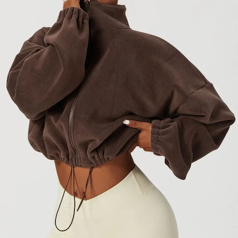 Women Loose Cropped Jacket Loose Zipper Sweatshirt Long Sleeve Coat Cardigan Sportswear Streetwear Drawstring Tops Clothing