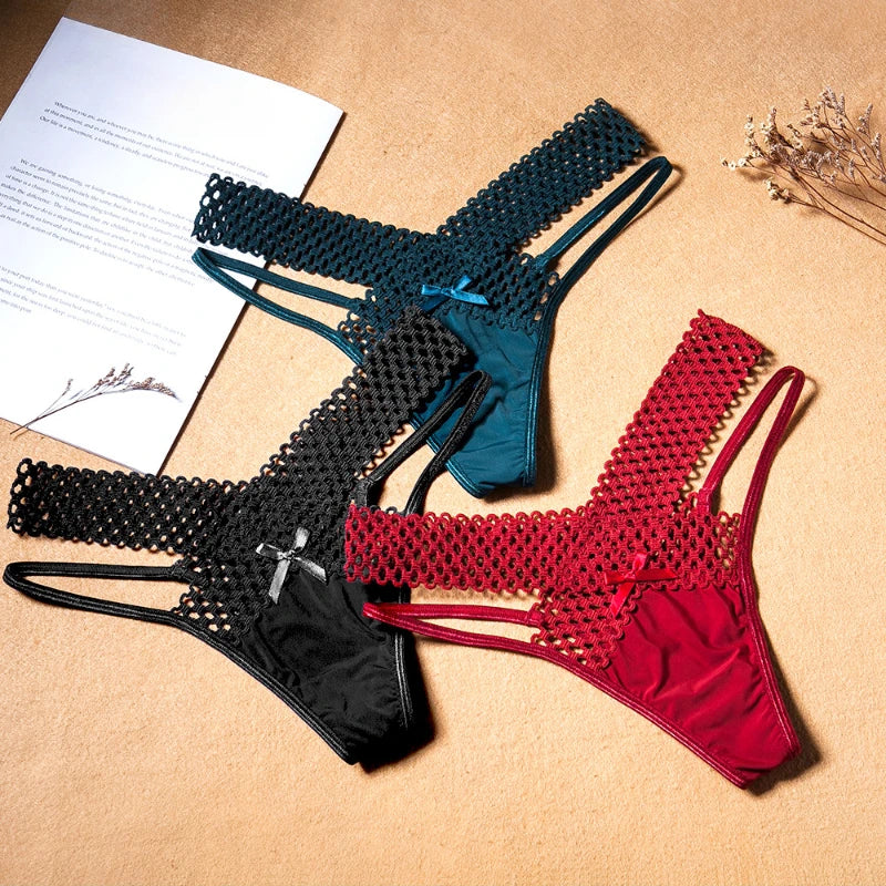 Women's Panties Cross Cut Ice Silk Thong Sports Fashion Perspective Low Waist Ribbons Sexy Lingerie Thongs