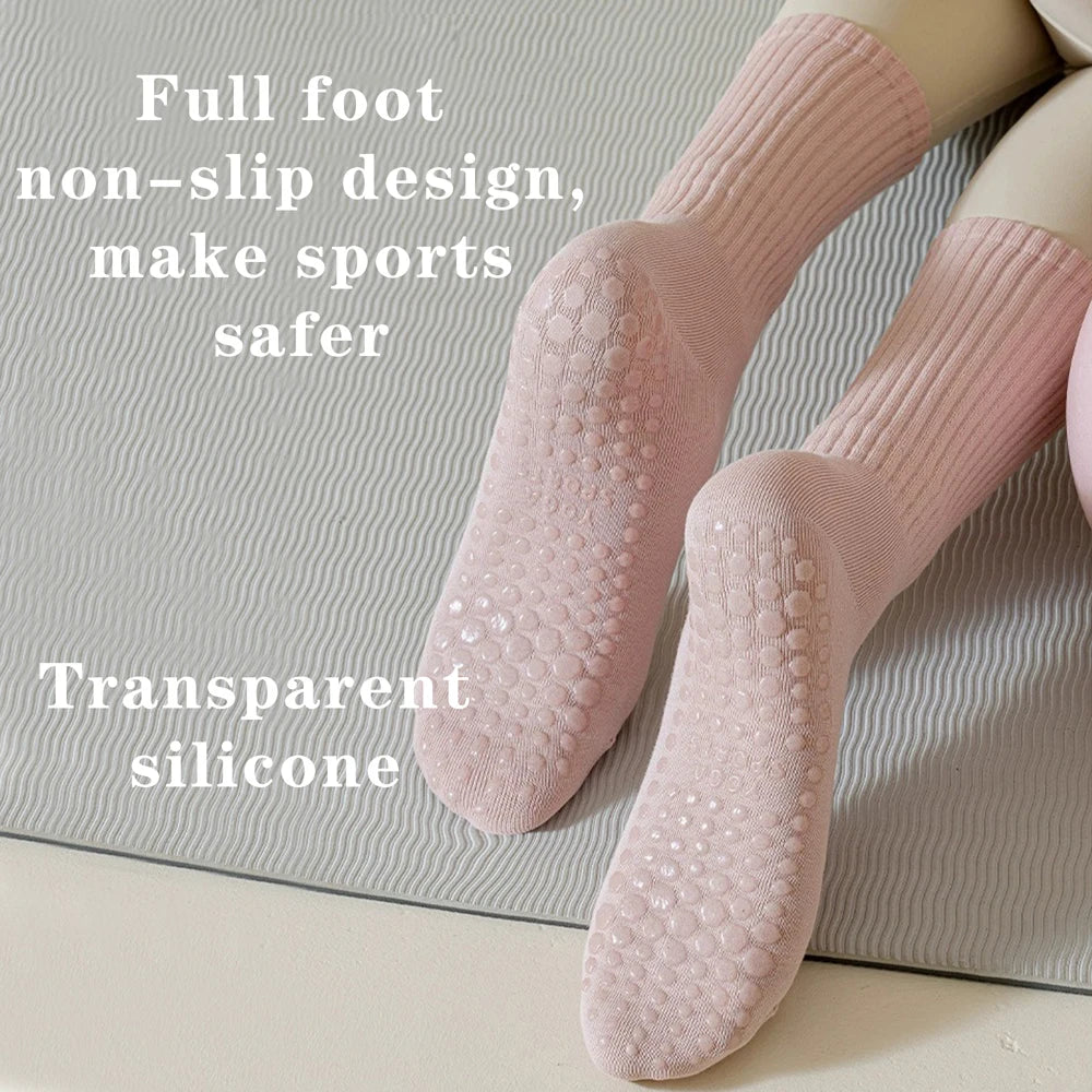 3 Pairs of Cotton Anti Slip Yoga Socks Medium Length Socks Solid Color Fitness Pilates Women's Sports Socks