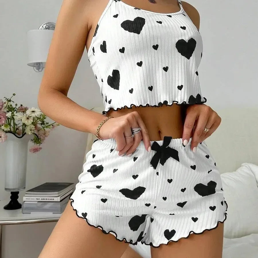 Women Sleepwear Autumn Winter Pajamas Sets Heart Print Sleeveless Cami Vest with Long Pants Trouser Set Sexy Lingerie Pyjamas
