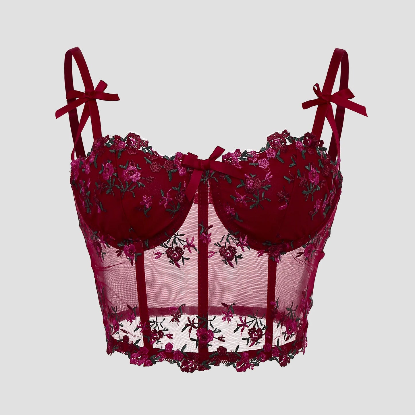 Sexy Lace Floral Embroidery Bow Corset For Women Camisole Sheer Mesh Fishbone Slim Crop Top Wired Bra