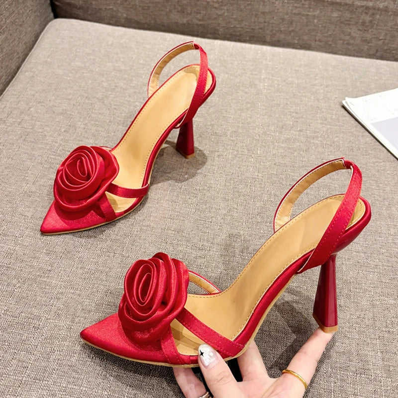 Summer Fashion Silk Rose Flowers Pointed Open Toe Back Strap Sandals Women Red High Heels Wedding Prom Shoes