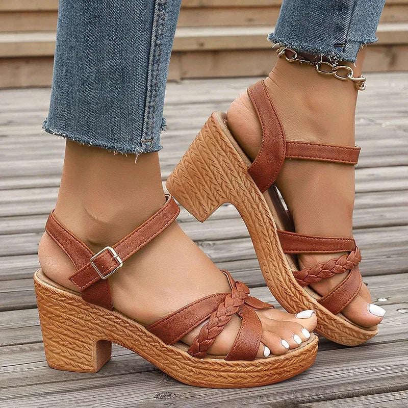 Summer High Heels Sandals Women 2025 Summer Ankle Buckle Platform Sandals Woman Pu Leather Square Heel Gladiator Sandals