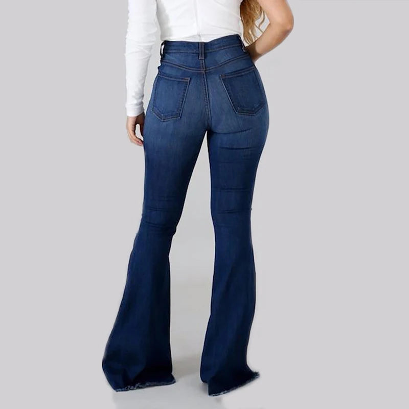 New High Waist Ripped Flared Jeans For Women Fashion Stretch Slim Denim Pants Casual Female Clothing S-3XL