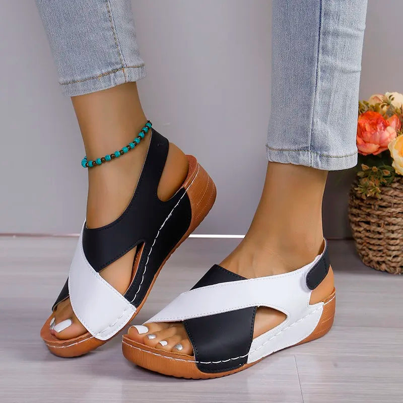 New women's contrast color sandals, pink peep toe, non-slip beach shoes, woman, comfortable platform, Roman sandals