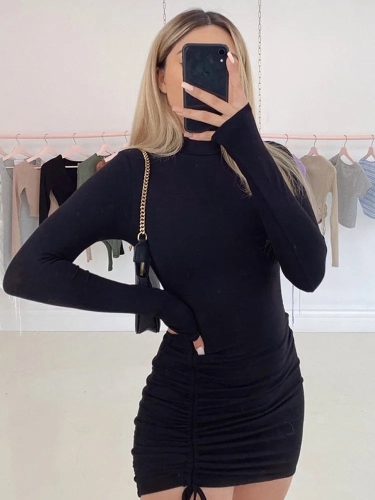 Long Sleeve Ruffles Bodycon Dress Women Turtleneck Bandage Mini Dresses Autumn Black Skinny Stretchy Party Vestidos
