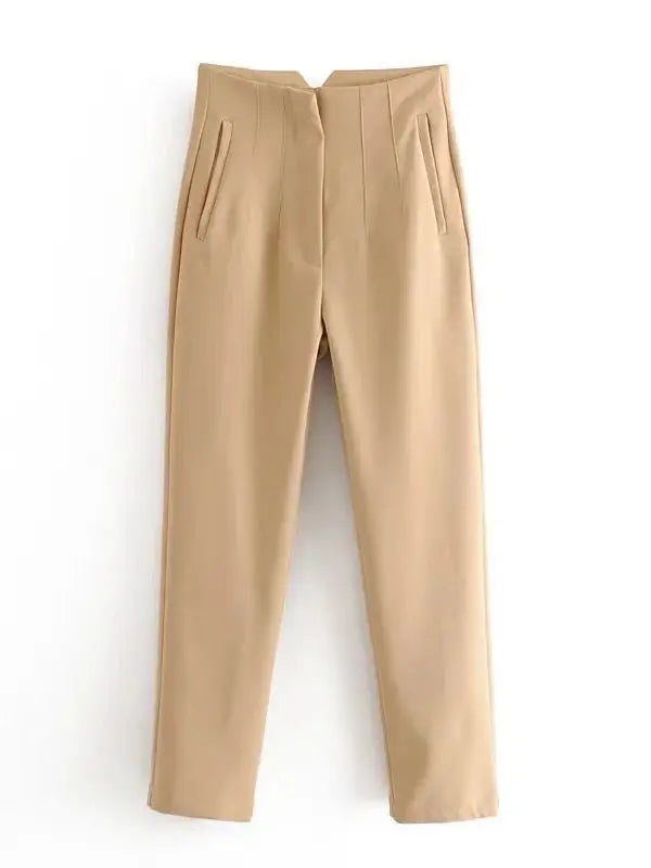 Women Light Blue Chic Fashion Office Wear Straight Pants Vintage High Waist Zipper Fly Female Trousers Fashion 2025 Pants