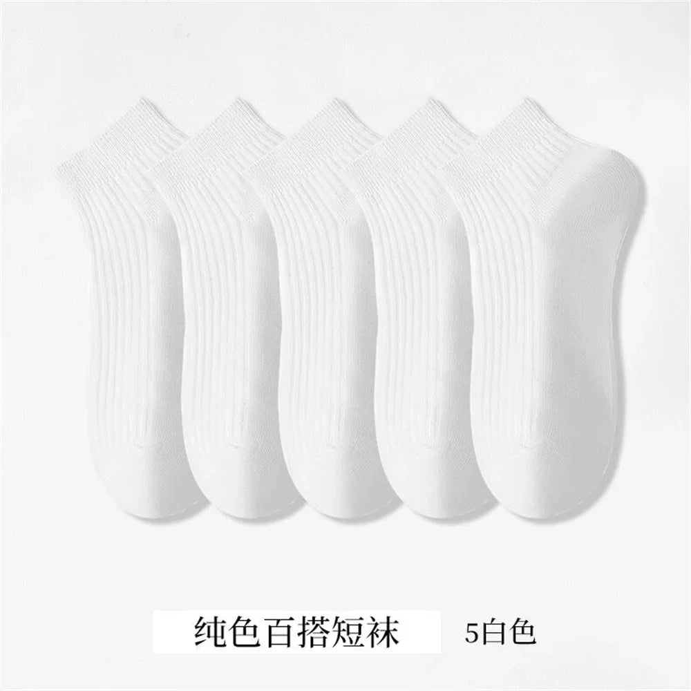 5 Pairs/Pack Ankle Socks Women 100% Cotton Invisible Sweat-absorbing Girls Low Tube Boat Socks EU 36-42 white socks