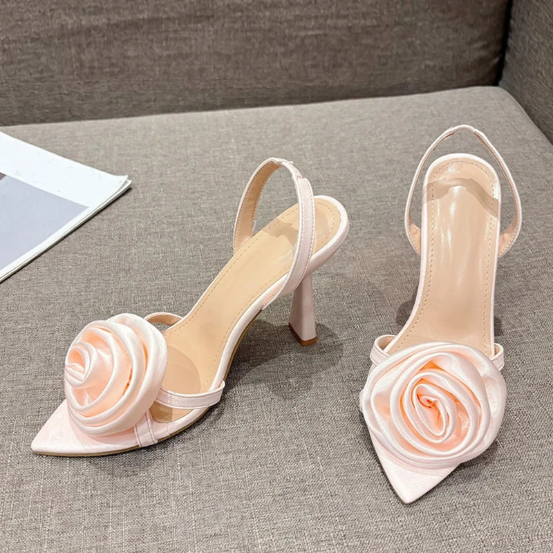 Summer Fashion Silk Rose Flowers Pointed Open Toe Back Strap Sandals Women Red High Heels Wedding Prom Shoes