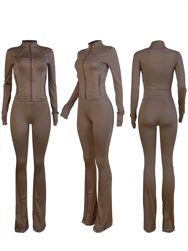 Autumn And Winter New Long Sleeves Zipper Crop top Suits Tracksuits Women's Suits Fashion Pants Female Soild 2 Piece Sets