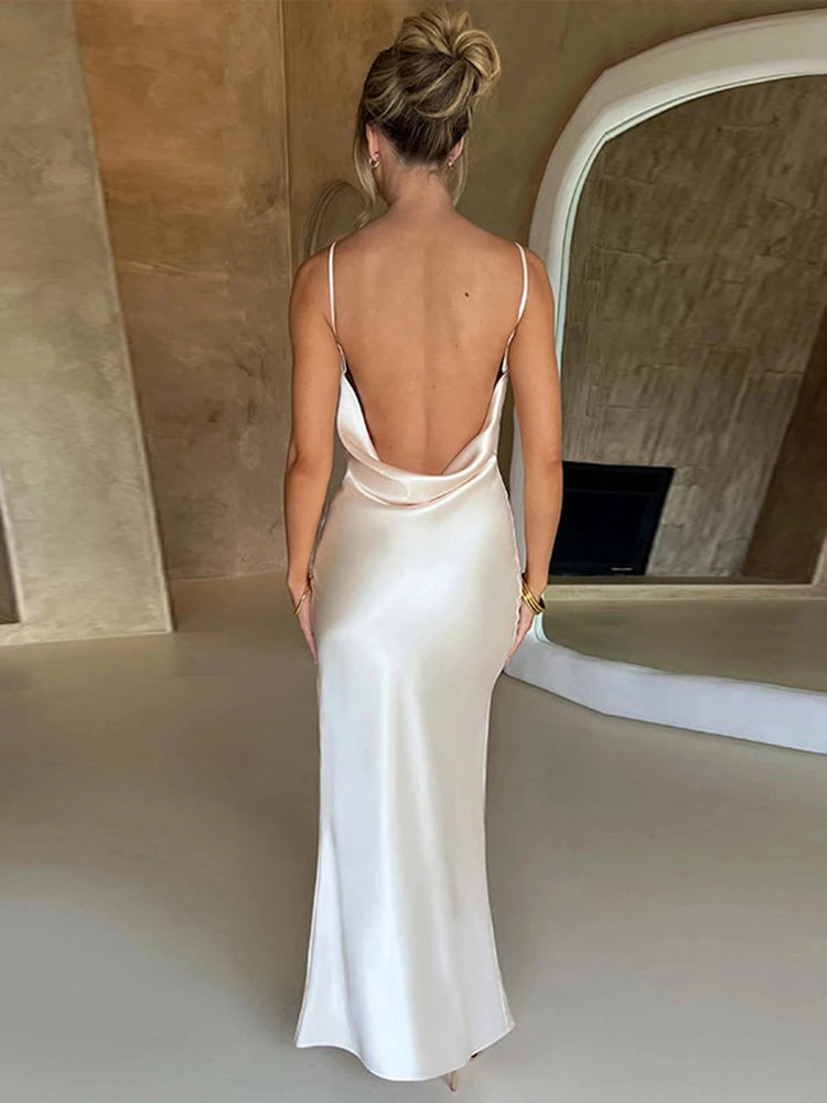 Lace Up Backless Satin Strap Maxi Dress For Women Side Slit Bodycon Sexy Party Elegant Birthday Evening Outfits Summer