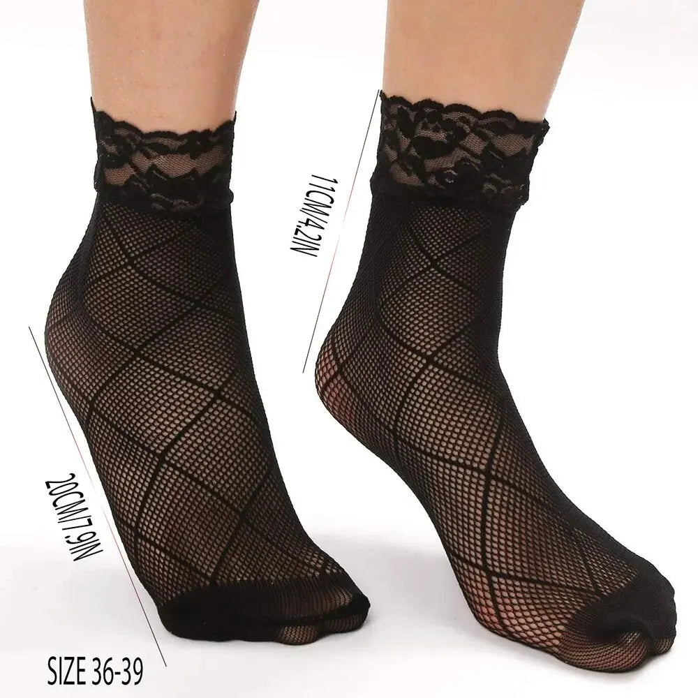 5 Pairs Vintage Lace Women's Socks Summer Mesh Elastic Transparent Ankle Socks Lolita Women's Versatile Fishing Net Black Socks